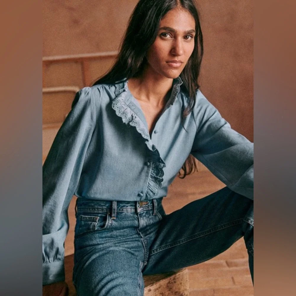Sézane Chlo Shirt Chambray Blue FR 42 / US 10 / XL - Picture 3 of 8
